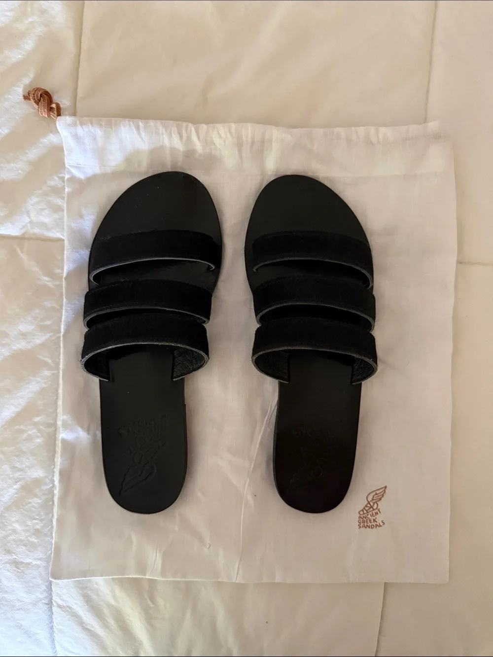 Ancient Greek Sandals black pony hair slides size 37